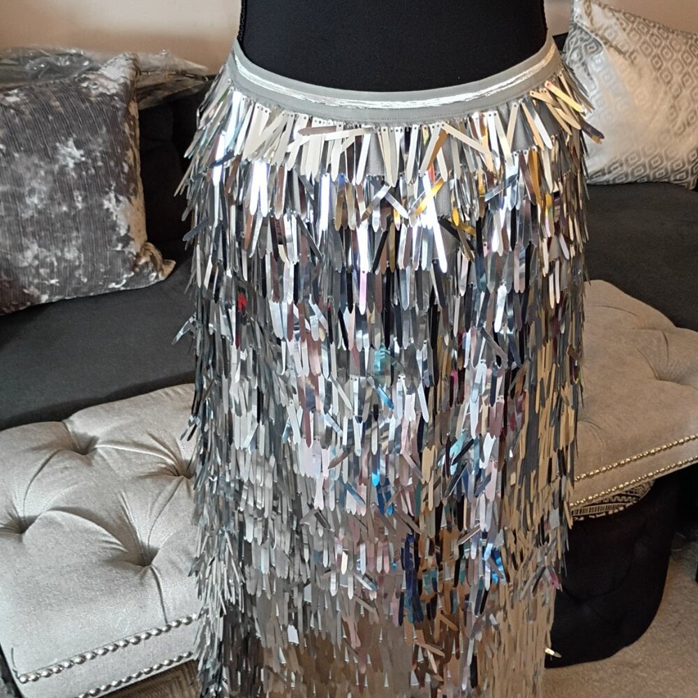 ENDLESS ROSE SILVER METALLIC FRINGE MIDI SKIRT NWT SZ Medium - Picture 5 of 10